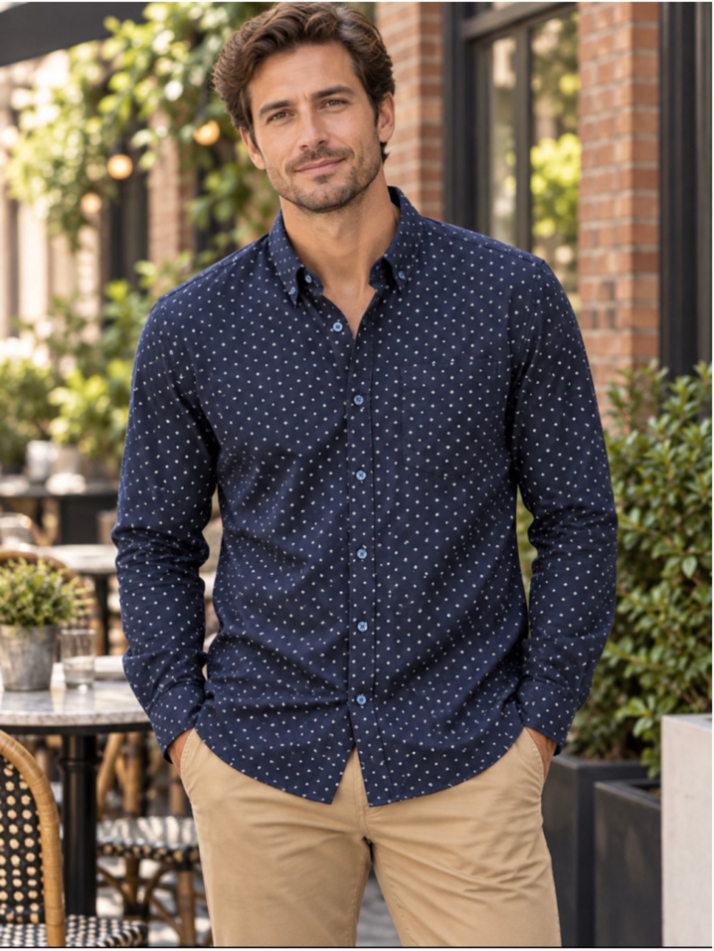 Men's Cactus Slim Fit Button Down Shirt Size L Navy White Patterned